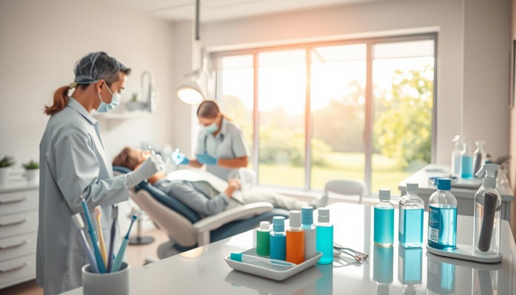 A well-lit dental office interior, with a patient reclining in a modern examination chair. In the foreground, a dentist and dental assistant perform a thorough inspection, using handheld dental tools and a bright, focused light. The middle ground shows various dental hygiene products such as toothbrushes, floss, and mouthwash, neatly arranged on a clean countertop. In the background, a large window overlooks a serene, green outdoor landscape, creating a calming, relaxing atmosphere. The lighting is warm and inviting, conveying a sense of professionalism and care. The scene emphasizes the importance of regular dental check-ups and preventative measures to maintain oral health.