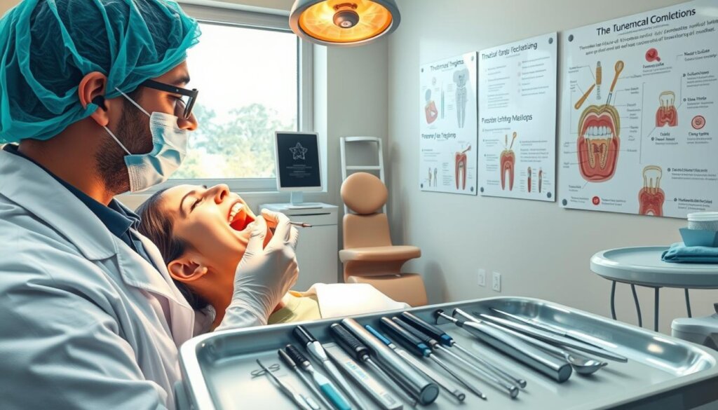 A well-lit dentist's office, with a large window illuminating the room. In the foreground, a patient sitting in a comfortable chair, their mouth open as a dentist examines their teeth using a dental mirror and probe. The dentist wears a white coat and surgical mask, their expression focused and attentive. In the middle ground, various dental instruments and tools are neatly arranged on a tray, conveying the importance of proper dental care. The background features educational posters and diagrams highlighting the anatomy of the mouth and the importance of regular brushing, flossing, and dental check-ups. The overall atmosphere is one of professionalism and attention to detail, emphasizing the crucial role of dental hygiene in maintaining oral health.