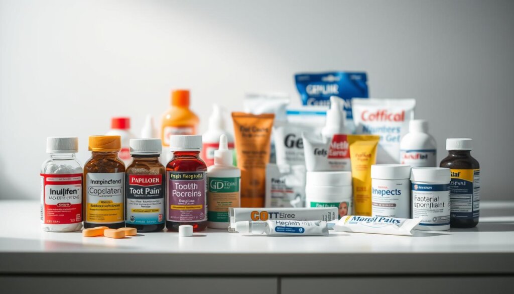 A well-lit, detailed display of various over-the-counter tooth pain relief options arranged on a clean, white surface. In the foreground, a selection of common oral pain medications like ibuprofen, acetaminophen, and naproxen sodium, each bottle neatly labeled. In the middle ground, a variety of topical numbing gels and ointments, their tubes and jars organized symmetrically. In the background, a soft-focus array of other complementary products like dental wax, cotton swabs, and cold therapy packs. The overall composition conveys a sense of comprehensive, professional-grade solutions for managing tooth discomfort.