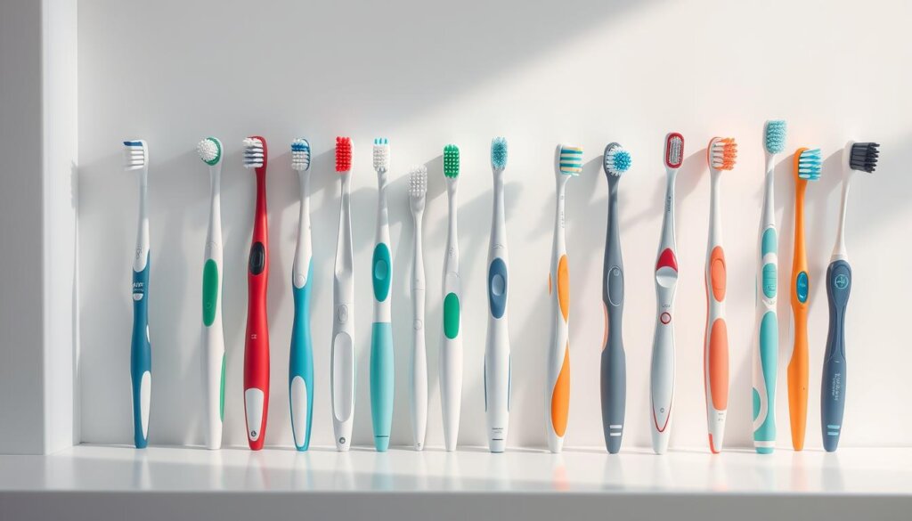 A well-lit display of various toothbrushes, neatly arranged on a clean, minimalist countertop. The brushes feature diverse head shapes, bristle textures, and ergonomic handles, showcasing the range of options available for effective daily dental care. Soft lighting from above casts gentle shadows, highlighting the unique features of each brush. The composition emphasizes the importance of selecting the right toothbrush to meet individual needs and preferences, conveying a sense of informed decision-making for optimal oral hygiene.