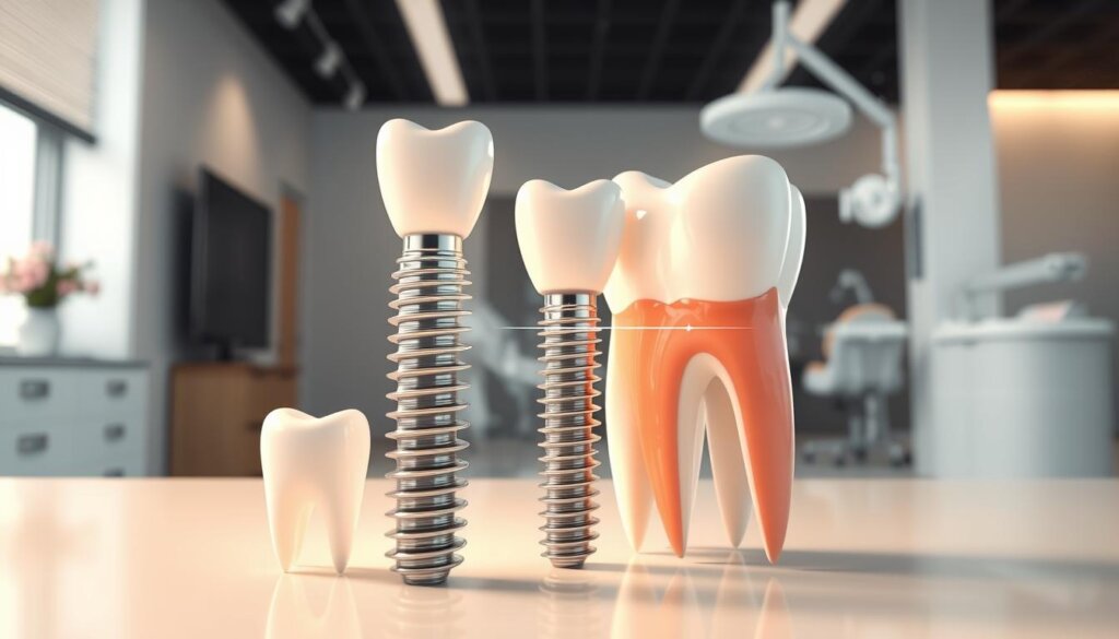 A well-lit, high-detail 3D render of dental implants showcasing their benefits. In the foreground, a set of healthy, gleaming dental implants with a natural tooth-like appearance. In the middle ground, a cutaway diagram highlighting the implant's secure anchoring in the jawbone and its integration with the surrounding gum tissue. In the background, a clean, modern dental office setting with sleek, minimalist decor and state-of-the-art equipment. The scene conveys the durability, functionality, and aesthetic advantages of dental implants compared to traditional artificial teeth solutions.