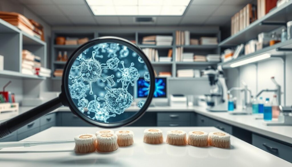 A well-lit laboratory setting, with an array of scientific equipment and instruments arranged on clean, modern workbenches. In the foreground, a magnifying glass hovers over a set of dental floss samples, revealing intricate structures and detailed cross-sections. In the middle ground, a digital microscope displays a close-up view of plaque and bacteria, highlighting the effectiveness of flossing in removing these elements. The background features shelves of scientific journals, test tubes, and other paraphernalia, conveying a sense of scholarly rigor and attention to detail. The lighting is bright and diffuse, casting a professional, authoritative atmosphere over the scene.