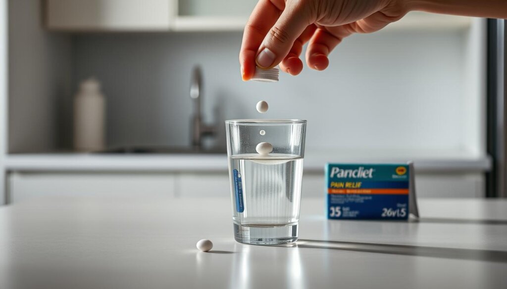 A well-lit tabletop scene showcasing the proper and safe usage of over-the-counter painkillers. In the foreground, a hand carefully measures and pours the recommended dosage of medication into a glass of water. The middle ground features the medication bottle, label clearly visible, alongside a pain relief product package. In the background, a clean, minimalist countertop with a neutral color palette, emphasizing the importance of responsible and informed medication consumption. The overall mood is one of precision, safety, and attention to detail, conveying the importance of following instructions when using OTC painkillers.