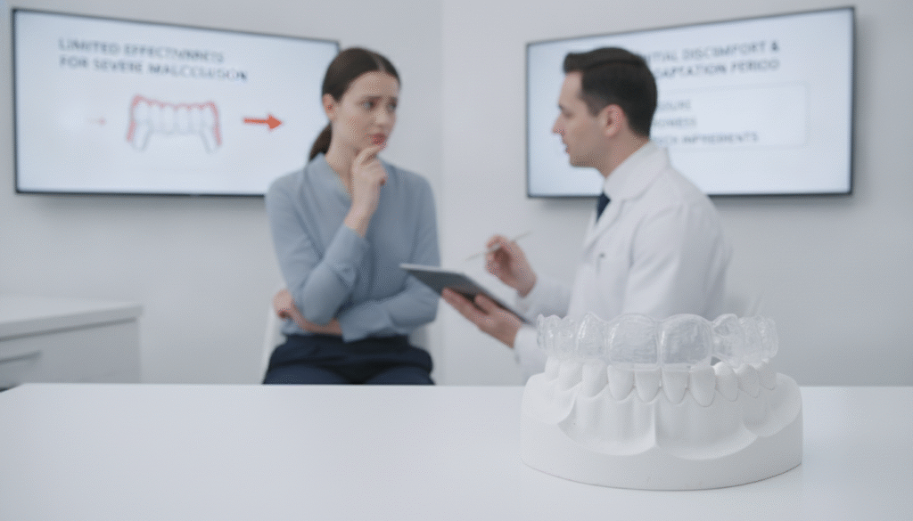 A well-organized digital illustration representing the disadvantages of Invisalign treatment. In the foreground, a close-up of a clear Invisalign aligner resting on a dental model, showing an imperfect fit or discomfort. In the middle ground, a dental consultation scene, featuring a concerned patient in a professional yet casual outfit, discussing with a dentist wearing a lab coat. The background displays charts or diagrams highlighting common issues like limited effectiveness for severe cases or discomfort during initial adjustments. The lighting is bright and clinical, focusing on the dental model and the expressions of concern. The mood conveys contemplation and slight apprehension about orthodontic choices. A well-organized digital illustration representing the disadvantages of Invisalign treatment. In the foreground, a close-up of a clear Invisalign aligner resting on a dental model, showing an imperfect fit or discomfort. In the middle ground, a dental consultation scene, featuring a concerned patient in a professional yet casual outfit, discussing with a dentist wearing a lab coat. The background displays charts or diagrams highlighting common issues like limited effectiveness for severe cases or discomfort during initial adjustments. The lighting is bright and clinical, focusing on the dental model and the expressions of concern. The mood conveys contemplation and slight apprehension about orthodontic choices.