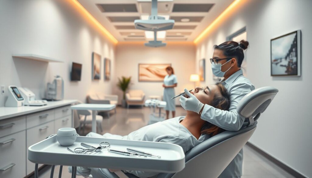 Dental emergency care: a stark white clinic bathed in soft, warm lighting, with a modern, minimalist design. In the foreground, a worried patient reclines in a state-of-the-art dental chair, mouth open as a gentle, focused dentist examines their teeth. Crisp, clinical instruments glint on a pristine tray nearby. In the middle ground, a nurse stands ready to assist, while the background reveals a tranquil waiting room with comfortable chairs and soothing artwork. An atmosphere of professionalism, care, and urgency pervades the scene, conveying the importance of seeking prompt attention for dental emergencies.