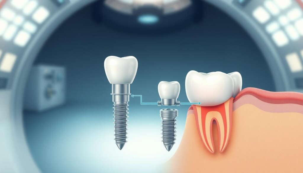 Detailed schematic diagram of a tooth implant surgical procedure, showcasing the key steps and components. The foreground depicts the dental implant being precisely inserted into the prepared jawbone, with the surrounding gum tissue and bone structure visible. The middle ground highlights the internal structure of the implant, including the titanium post and the abutment that will support the artificial tooth crown. The background features a clean, sterile medical environment with subtle lighting, creating a sense of clinical precision. The overall composition conveys a technical, informative, and visually engaging illustration suitable for explaining the tooth implant placement process.