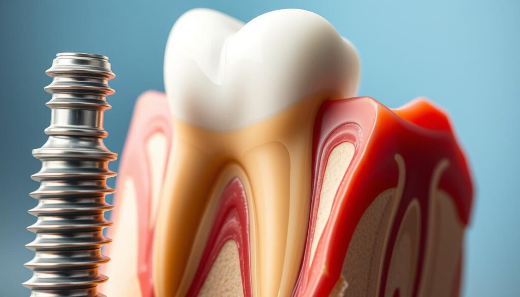 Detailed view of dental implant components, showcasing the intricate anatomy of a modern dental implant system. The foreground highlights the titanium implant post, its threaded design, and the abutment that connects the post to the crown. The middle ground features the crown, precisely crafted to match the natural tooth's shape and color. The background displays the surrounding bone structure, with delicate cross-sections revealing the integration of the implant within the jawbone. Captured with a crisp, macro lens, the image is illuminated by soft, diffused lighting to emphasize the technical details and the high-quality materials used in dental implant technology.