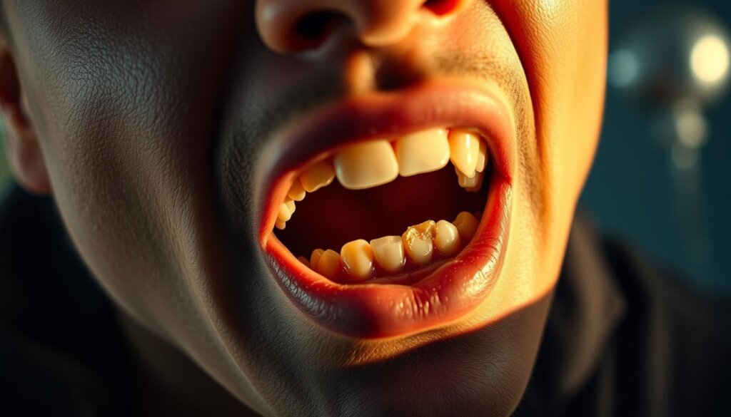Dramatic close-up of a person's mouth displaying a broken, discolored tooth, with a concerned facial expression. The tooth is prominently featured in the foreground, illuminated by warm, directional lighting casting dramatic shadows. The background is blurred, suggesting an urgent medical setting. Realistic textures, high-resolution, photorealistic style.