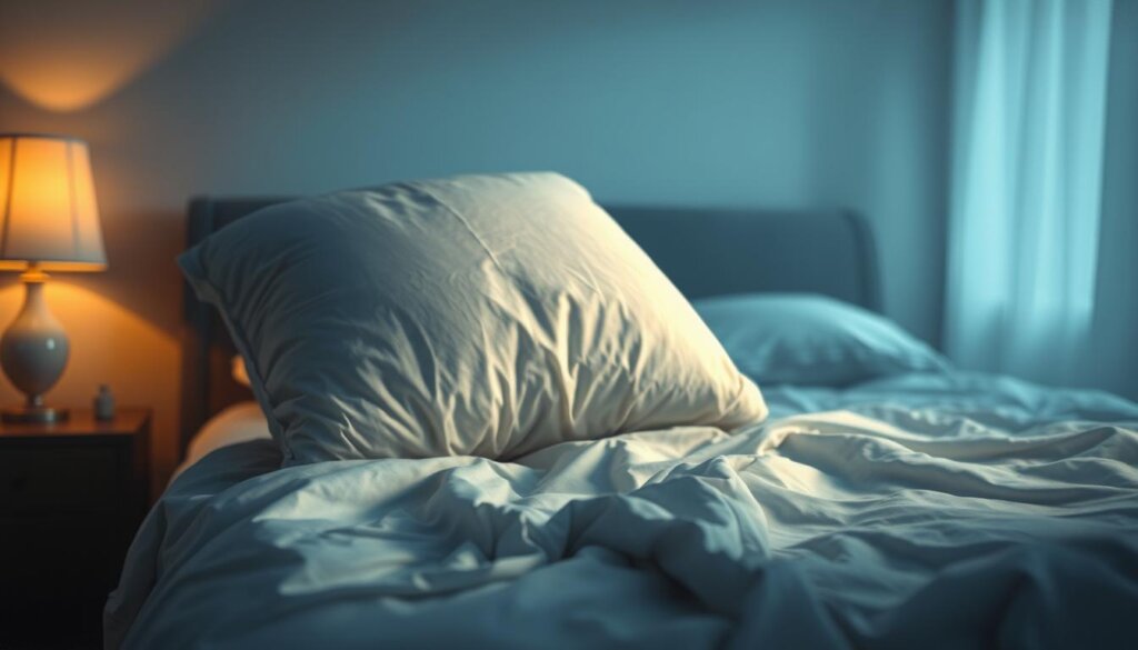 Elevate head for pain relief: A serene bedroom scene, dimly lit by a soft bedside lamp, casting a warm, comforting glow. In the foreground, a plush, inviting pillow propped up at a gentle incline, beckoning the viewer to rest their weary head and find relief from the throbbing toothache. The middle ground features a cozy, rumpled bedsheet, the perfect haven for a good night's rest. In the background, a soothing, muted color palette of calming blues and grays, creating a sense of tranquility and relaxation. Subtle shadows and highlights add depth and dimension, guiding the eye towards the elevated pillow, the focal point of the composition. The overall mood is one of comfort, care, and the promise of respite from the discomfort of a troublesome toothache.
