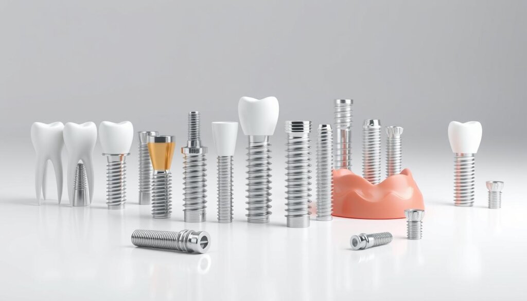 High-quality 3D render of various dental implant types, including titanium and ceramic implants, abutments, crowns, and bridges, displayed on a clean white background with soft, even lighting from multiple angles to highlight the details and textures. The implants are arranged in a visually appealing, symmetrical layout, showcasing the different shapes, sizes, and materials used in modern dental implantology. The image conveys a sense of professionalism, innovation, and the advancements in dental technology, suitable for use in an article on assessing eligibility for dental implants.