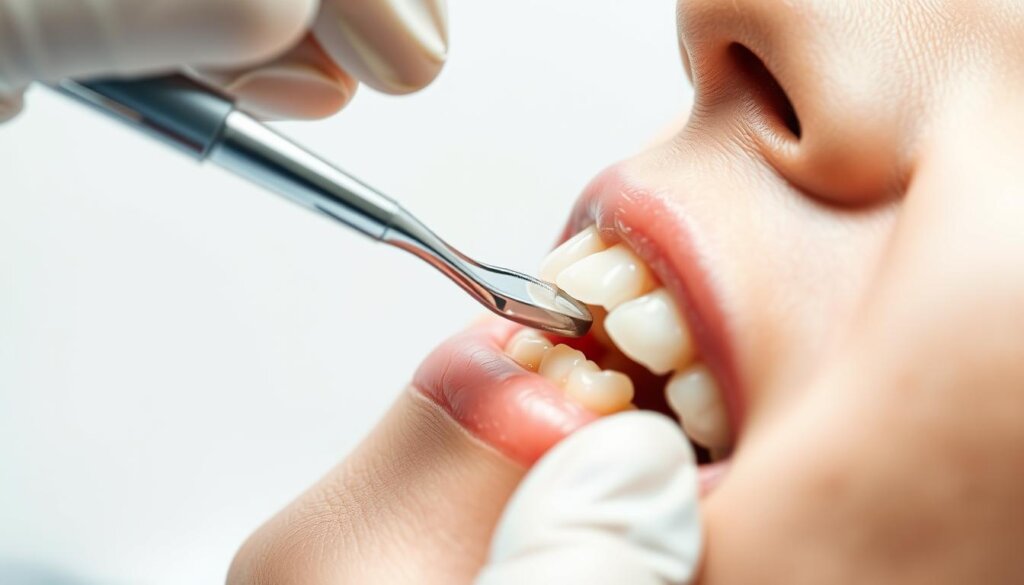 a detailed close-up shot of a dentist's hand holding a dental instrument, such as a dental mirror or a dental probe, carefully examining the surface of a patient's tooth that has a composite filling, with the tooth in sharp focus and the surrounding areas slightly blurred, captured under bright, evenly-distributed studio lighting that accentuates the textures and materials, using a high-resolution camera lens with a shallow depth of field to create a sense of depth and emphasize the dental work, set against a clean, minimalist background that suggests a professional dental setting