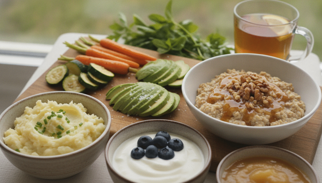 A beautifully arranged flat lay of soft foods ideal for individuals undergoing Invisalign treatment. In the foreground, include items like creamy mashed potatoes, smooth yogurt with berries, applesauce, and soft-cooked vegetables. The middle layer showcases a wooden cutting board with sliced avocado and a bowl of oatmeal, both garnished with honey and nuts. In the background, softly blurred, feature vibrant green herbs and a glass of herbal tea, adding a touch of freshness. The scene is illuminated by warm, natural lighting to create an inviting and comforting atmosphere. Use a shallow depth of field to keep the focus on the food items while the background remains softly diffused. The overall mood is soothing, emphasizing the idea of comfort and ease during Invisalign treatment. A beautifully arranged flat lay of soft foods ideal for individuals undergoing Invisalign treatment. In the foreground, include items like creamy mashed potatoes, smooth yogurt with berries, applesauce, and soft-cooked vegetables. The middle layer showcases a wooden cutting board with sliced avocado and a bowl of oatmeal, both garnished with honey and nuts. In the background, softly blurred, feature vibrant green herbs and a glass of herbal tea, adding a touch of freshness. The scene is illuminated by warm, natural lighting to create an inviting and comforting atmosphere. Use a shallow depth of field to keep the focus on the food items while the background remains softly diffused. The overall mood is soothing, emphasizing the idea of comfort and ease during Invisalign treatment.