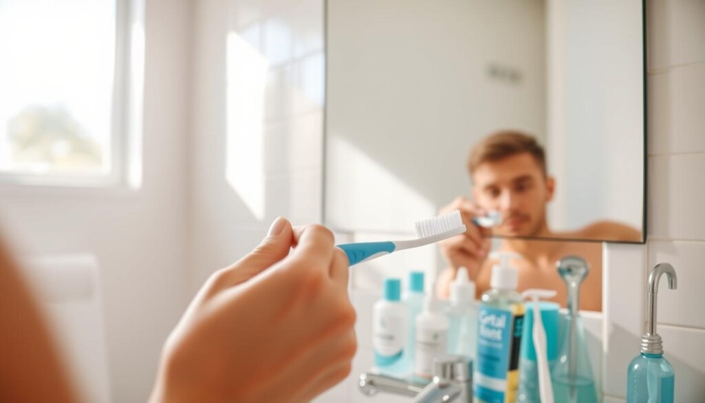 A bright, airy bathroom scene. In the foreground, a person's hands carefully brushing their teeth with a soft-bristled toothbrush, toothpaste foaming. The mirror reflects their focused expression. In the middle ground, an array of dental hygiene products - floss, mouthwash, and a dental mirror - neatly arranged on the vanity. The background shows a clean, tiled wall with natural light streaming in through a window, casting a warm, inviting glow. The overall mood is one of attentiveness and preparation, underscoring the importance of oral hygiene before a dental appointment.