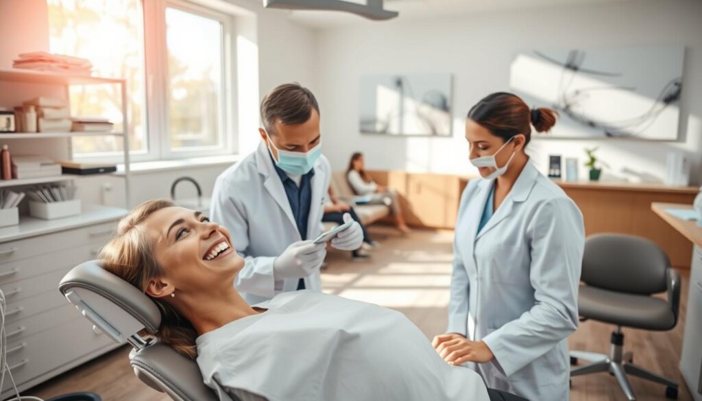 A bright, airy dental office, bathed in warm natural light streaming through large windows. In the foreground, a smiling patient in a reclined chair, their teeth being carefully examined by a attentive dentist wearing a crisp white coat. Behind them, shelves of gleaming instruments and dental supplies, conveying a sense of professionalism and care. In the middle ground, a row of chairs where other patients wait patiently, underscoring the importance of regular checkups. The background features calming, abstract artwork on the walls, and a receptionist's desk where appointment cards and reminders are prominently displayed. An atmosphere of comfort and prevention, highlighting the crucial role of routine dental visits.