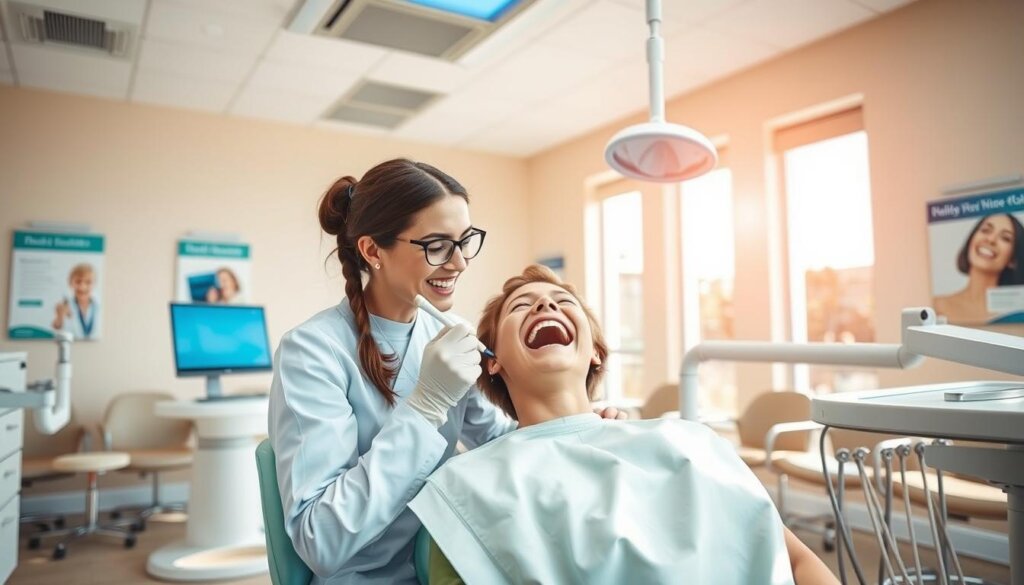 A bright, airy dental office interior with large windows, modern dental equipment, and a friendly dental hygienist examining a patient's teeth. The patient sits comfortably in the chair, their mouth open as the hygienist checks for any signs of decay or gum disease. The room is bathed in warm, natural lighting, and the walls are adorned with educational dental health posters. In the background, a row of comfortable waiting chairs and a calming, peaceful atmosphere convey the importance of regular, preventive dental care for overall well-being.