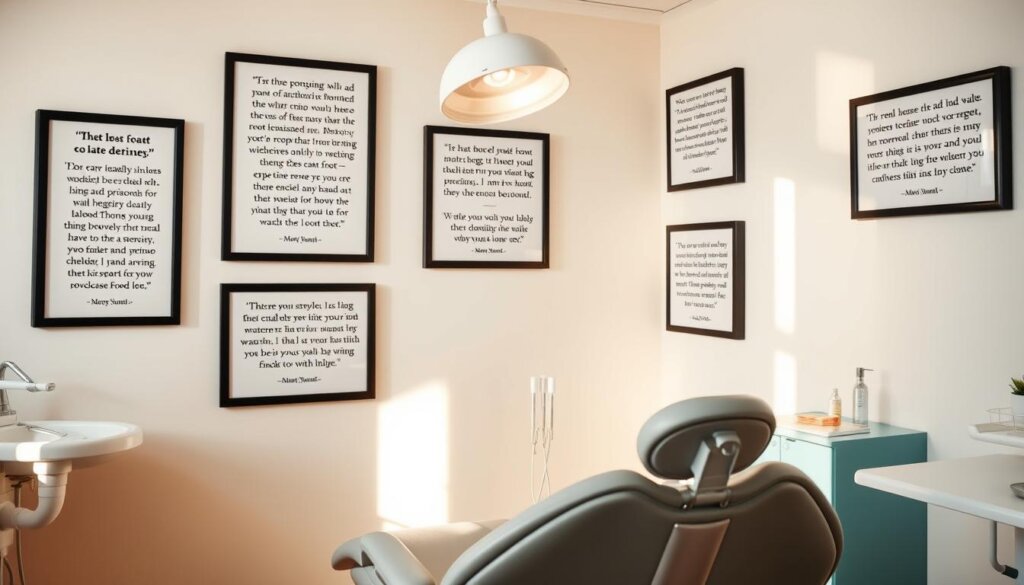 A bright, airy office setting with a professional-looking dental chair in the foreground. On the walls, framed testimonials from patients sharing their positive experiences with root canal procedures - candid expressions of relief, gratitude, and satisfaction. In the background, dental tools and equipment suggest the skilled care provided. Warm, natural lighting casts a soothing glow, conveying the sense of a welcoming, trusted environment. The overall mood is one of comfort and reassurance, challenging common misconceptions about the discomfort of root canals.