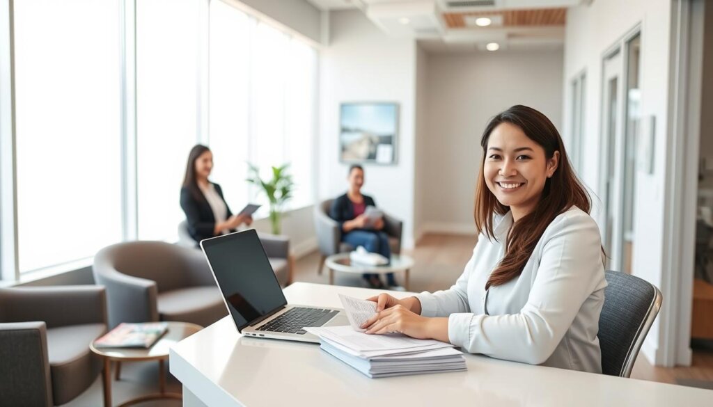 A bright, well-lit dental office interior with a focus on the reception area. In the foreground, a smiling receptionist sits at a modern, minimalist desk, a laptop and a neat stack of insurance documents visible. Behind them, a cheerful patient reviews their dental plan coverage with the receptionist. The middle ground features comfortable chairs and a coffee table with health-related magazines. The background showcases the office's clean, contemporary design with large windows, letting in natural light and giving a sense of openness and professionalism. The overall mood is one of a welcoming, efficient, and trustworthy dental practice, emphasizing the importance of routine dental care and insurance coverage.