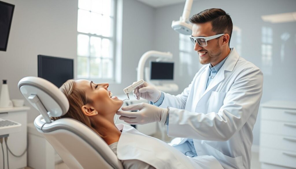 A brightly lit dental office, crisp and sterile, with a patient comfortably seated in a reclined chair. A dentist, dressed in a pristine white coat, examines the patient's teeth with a gentle touch, using advanced diagnostic tools to ensure thorough and meticulous care. The office is adorned with modern, sleek equipment, conveying a sense of professionalism and attention to detail. Soft, natural lighting filters in through large windows, creating a calming atmosphere. The patient's expression reflects a sense of trust and reassurance, underscoring the importance of regular check-ups for maintaining optimal oral health.