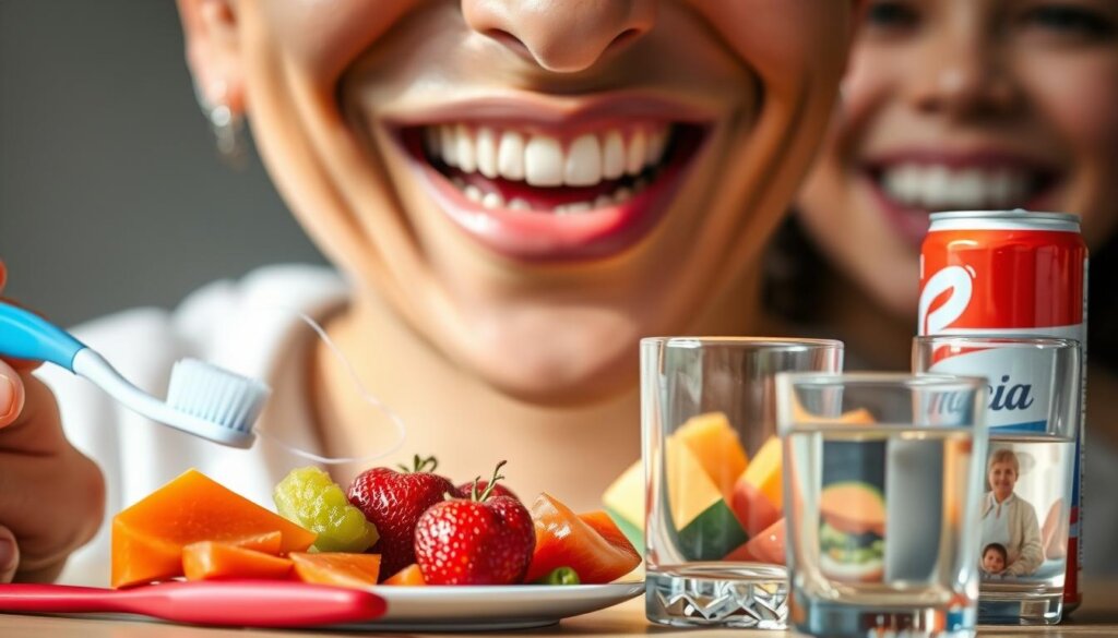 A brightly lit, high-resolution close-up photograph of a set of human teeth in a mouth open wide, showcasing various lifestyle elements that impact oral health. In the foreground, a toothbrush, dental floss, and a glass of water symbolize good dental hygiene practices. In the middle ground, a plate of fresh fruits and vegetables contrasts with a can of soda, highlighting the importance of a balanced diet. In the background, a person smiling radiantly, conveying the confidence and well-being that comes with proper oral care. Soft, natural lighting illuminates the scene, creating a warm, inviting atmosphere. A brightly lit, high-resolution close-up photograph of a set of human teeth in a mouth open wide, showcasing various lifestyle elements that impact oral health. In the foreground, a toothbrush, dental floss, and a glass of water symbolize good dental hygiene practices. In the middle ground, a plate of fresh fruits and vegetables contrasts with a can of soda, highlighting the importance of a balanced diet. In the background, a person smiling radiantly, conveying the confidence and well-being that comes with proper oral care. Soft, natural lighting illuminates the scene, creating a warm, inviting atmosphere.