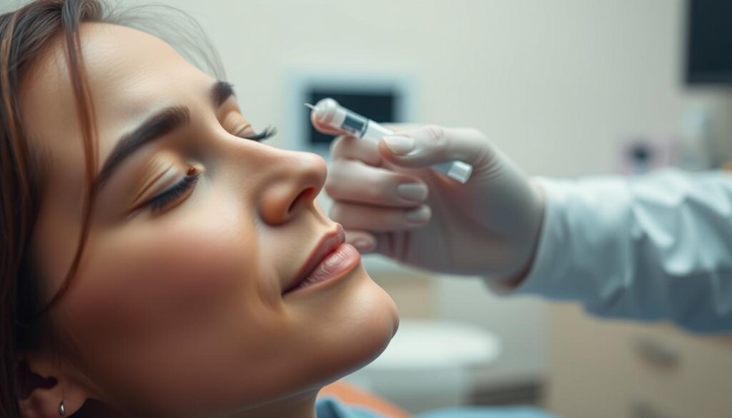 A calm, soothing scene of a person experiencing relief from root canal pain. In the foreground, a person's face is relaxed, with a serene expression, as they receive a gentle, numbing dental treatment. The middle ground shows a dentist's hand administering a local anesthetic, using a precise, steady technique. The background is a softly blurred, calming dental office, with muted colors and gentle lighting creating a peaceful atmosphere. The overall mood is one of tranquility and therapeutic relief, conveying the idea that root canal procedures can be effectively managed to alleviate pain and discomfort.