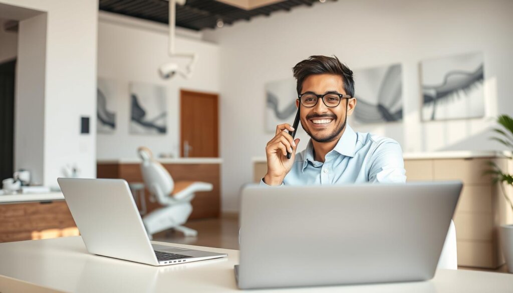 A cheerful, well-lit scene of a person scheduling a dental check-up. In the foreground, a smiling person sitting at a desk, laptop open, phone in hand, as they call to make an appointment. In the middle ground, a modern, clean dental office reception area with a welcoming receptionist. The background features dental equipment and soothing wall art, conveying a sense of professionalism and care. The lighting is soft and natural, accentuating the friendly atmosphere. The overall impression is one of ease and confidence in preparing for a routine dental visit.