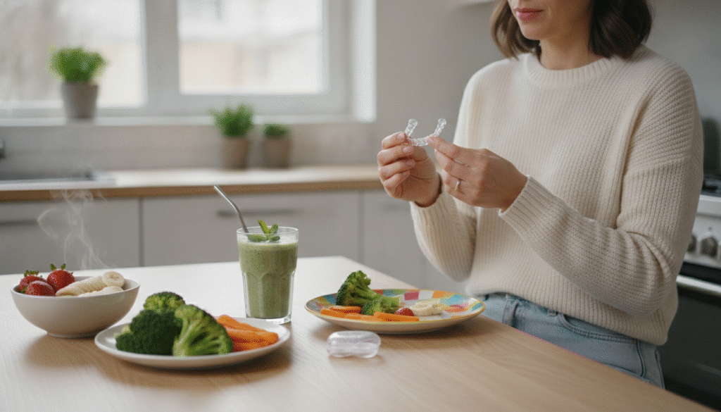 A clean, modern kitchen setting with a focus on healthy dietary choices during Invisalign treatment. In the foreground, a glossy wooden table displays an array of Invisalign-friendly foods, such as soft fruits like bananas and strawberries, steamed vegetables, and a smoothie in a clear glass. In the middle ground, a professional woman in casual but modest clothing—such as a light sweater and jeans—carefully examines an Invisalign tray beside a colorful plate of these foods. In the background, soft, natural light pours in through a window, creating a warm and inviting atmosphere. The overall mood is supportive and informative, showcasing a harmonious relationship between diet and dental care during treatment. A clean, modern kitchen setting with a focus on healthy dietary choices during Invisalign treatment. In the foreground, a glossy wooden table displays an array of Invisalign-friendly foods, such as soft fruits like bananas and strawberries, steamed vegetables, and a smoothie in a clear glass. In the middle ground, a professional woman in casual but modest clothing—such as a light sweater and jeans—carefully examines an Invisalign tray beside a colorful plate of these foods. In the background, soft, natural light pours in through a window, creating a warm and inviting atmosphere. The overall mood is supportive and informative, showcasing a harmonious relationship between diet and dental care during treatment.