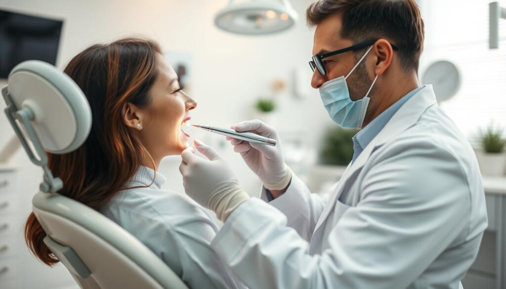 A clean, well-lit dental office interior, focused on a dentist's examination of a patient's teeth without the use of X-rays. The dentist wears a white coat and uses a dental mirror and probe to visually inspect the patient's mouth. The patient sits comfortably in a reclining dental chair, conveying a sense of trust and cooperation. Soft, diffused lighting illuminates the scene, and the background features modern dental equipment and decor, creating a professional yet calming atmosphere. The overall impression emphasizes the dentist's skills in diagnosing and treating dental issues through tactile and visual examination alone.