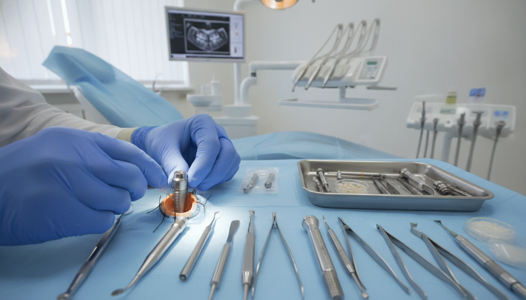 A clinical dental setting featuring a close-up view of an immediate dental implant being placed right after tooth extraction. In the foreground, showcase a skilled dentist’s hands delicately inserting a titanium implant into the alveolar bone where a molar tooth has just been removed, with dental tools and sutures carefully arranged for context. The middle ground should include a surgical tray with an array of dental instruments, while the background captures a bright, sterile dental clinic with modern equipment and soft ambient lighting. The atmosphere should exude professionalism and precision, reflecting a sense of advanced dental care and patient safety. Use natural lighting to highlight the procedural details, shot from a slightly elevated angle to give an informative perspective. A clinical dental setting featuring a close-up view of an immediate dental implant being placed right after tooth extraction. In the foreground, showcase a skilled dentist’s hands delicately inserting a titanium implant into the alveolar bone where a molar tooth has just been removed, with dental tools and sutures carefully arranged for context. The middle ground should include a surgical tray with an array of dental instruments, while the background captures a bright, sterile dental clinic with modern equipment and soft ambient lighting. The atmosphere should exude professionalism and precision, reflecting a sense of advanced dental care and patient safety. Use natural lighting to highlight the procedural details, shot from a slightly elevated angle to give an informative perspective.