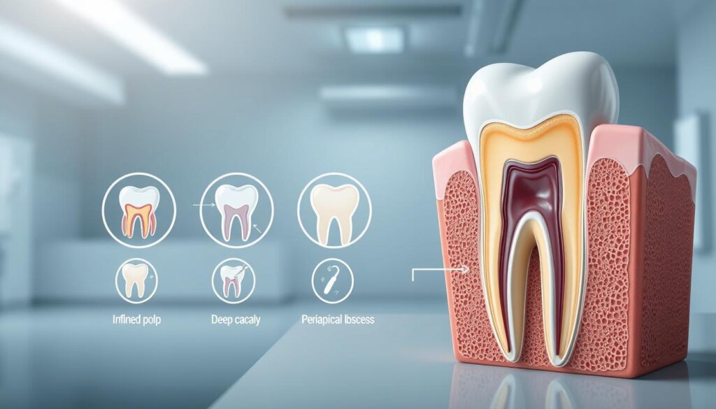 A clinical illustration of the common reasons for root canal treatment. In the foreground, a detailed cross-section of a human tooth, highlighting the pulp chamber and root canal. In the middle ground, a series of medical icons depicting various pathologies - inflamed pulp, deep decay, fractured tooth, and a periapical abscess. The background features a subtle, sterile medical environment with clean lines and a calming, blue-grey color palette. The lighting is soft and diffused, creating depth and emphasizing the technical details. The overall mood is educational and informative, guiding the viewer through the key factors that necessitate root canal therapy.
