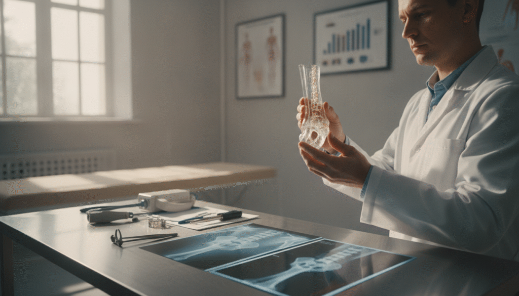 A clinical setting depicting a bone loss treatment scenario. In the foreground, a close-up of a skilled healthcare professional, dressed in a white lab coat, is examining a 3D model of a bone structure, illustrating the importance of bone density. The middle ground features a table with medical tools and x-rays showing healthy versus osteoporotic bones. In the background, a softly lit examination room, with anatomical posters of bones and graphs illustrating bone density. The atmosphere is focused and informative, with bright, natural lighting from a window casting soft shadows, emphasizing the subject's professionalism and the significance of bone health. The scene should convey a sense of care and expertise in the treatment of bone loss. A clinical setting depicting a bone loss treatment scenario. In the foreground, a close-up of a skilled healthcare professional, dressed in a white lab coat, is examining a 3D model of a bone structure, illustrating the importance of bone density. The middle ground features a table with medical tools and x-rays showing healthy versus osteoporotic bones. In the background, a softly lit examination room, with anatomical posters of bones and graphs illustrating bone density. The atmosphere is focused and informative, with bright, natural lighting from a window casting soft shadows, emphasizing the subject's professionalism and the significance of bone health. The scene should convey a sense of care and expertise in the treatment of bone loss.