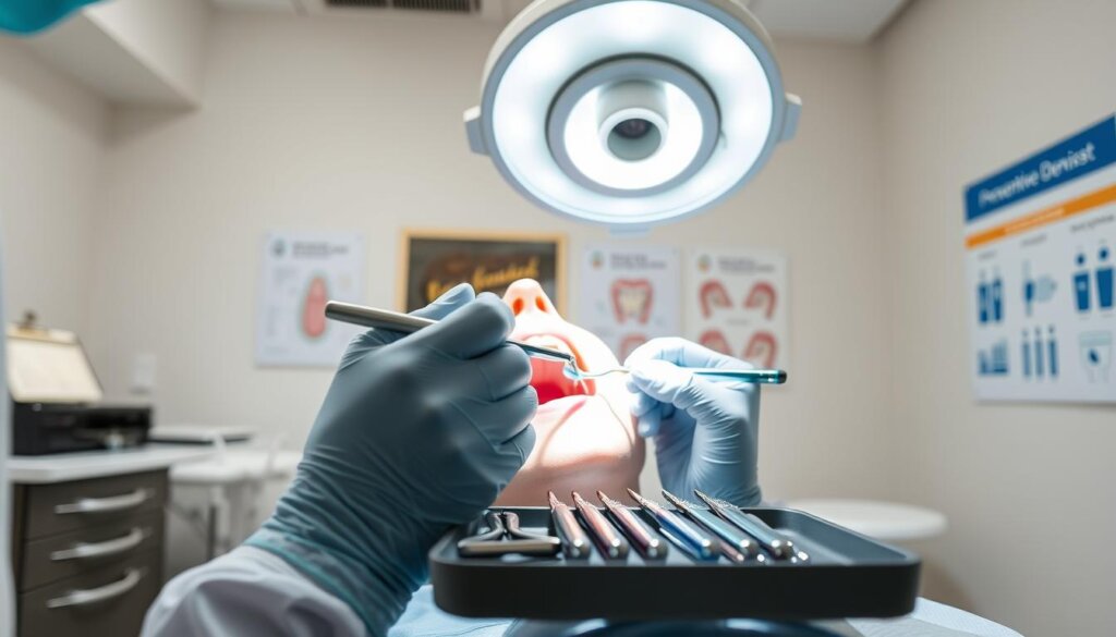 A clinical, well-lit dental office interior. In the foreground, a dentist's hands holding dental tools and examining a patient's open mouth. Illuminated by bright overhead lighting, capturing the details of the dental procedure. In the middle ground, dental equipment and instruments neatly arranged on a tray. In the background, posters and diagrams illustrating proper oral hygiene techniques, such as brushing, flossing, and using mouthwash. An atmosphere of professionalism and attention to preventative dental care. A clinical, well-lit dental office interior. In the foreground, a dentist's hands holding dental tools and examining a patient's open mouth. Illuminated by bright overhead lighting, capturing the details of the dental procedure. In the middle ground, dental equipment and instruments neatly arranged on a tray. In the background, posters and diagrams illustrating proper oral hygiene techniques, such as brushing, flossing, and using mouthwash. An atmosphere of professionalism and attention to preventative dental care.