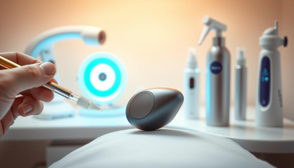 A clinical, yet calming scene depicting various modern alternatives to traditional anesthesia methods for root canal procedures. In the foreground, a dental tool gently administers a topical anesthetic gel onto the patient's gum. In the middle ground, a small, handheld device emits gentle vibrations to numb the targeted area. The background showcases cutting-edge technologies like dental lasers and specialized numbing sprays, all bathed in soft, diffused lighting to convey a sense of care and professionalism. The overall atmosphere is one of innovation, comfort, and patient-centric approaches to dental anesthesia.