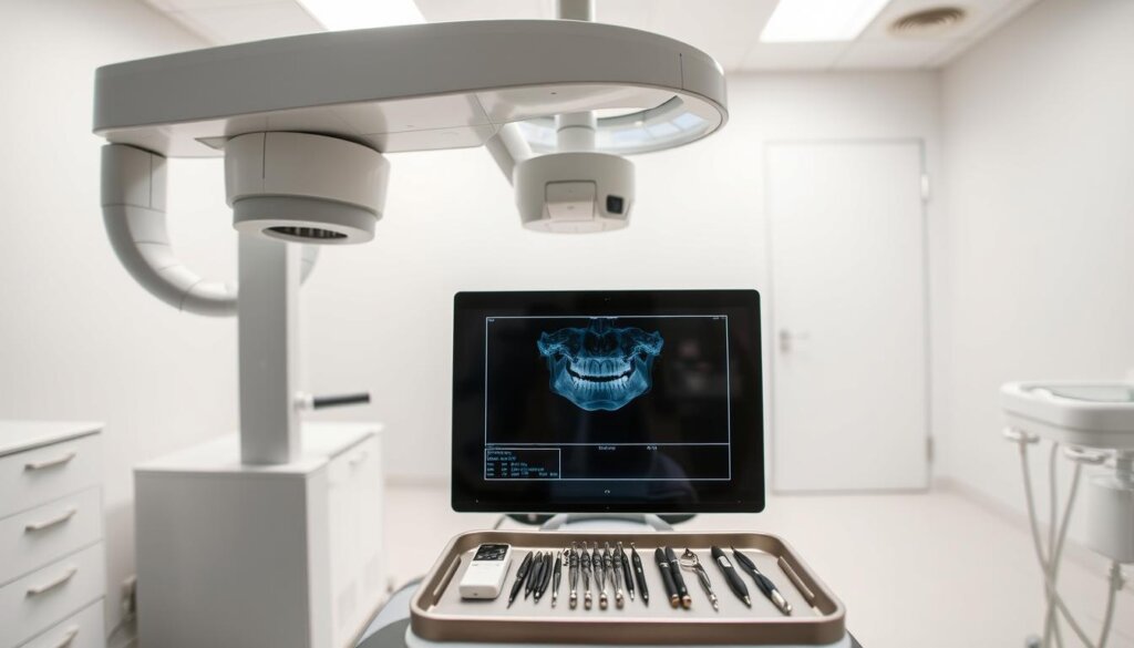 A close-up, detailed view of dental X-ray imaging equipment. In the foreground, a panoramic X-ray machine with a curved sensor arm positioned over an open patient's chair. The machine's sleek, metallic body reflects the bright overhead lighting. In the middle ground, a digital X-ray sensor device and a set of dental tools arranged neatly on a tray. The background features a clean, sterile-looking dental examination room with white walls and floors, creating a clinical, professional atmosphere. The lighting is bright and directional, casting sharp shadows and highlights that accentuate the technical aspects of the equipment. The overall scene conveys the precision and care required for effective dental X-ray imaging techniques.
