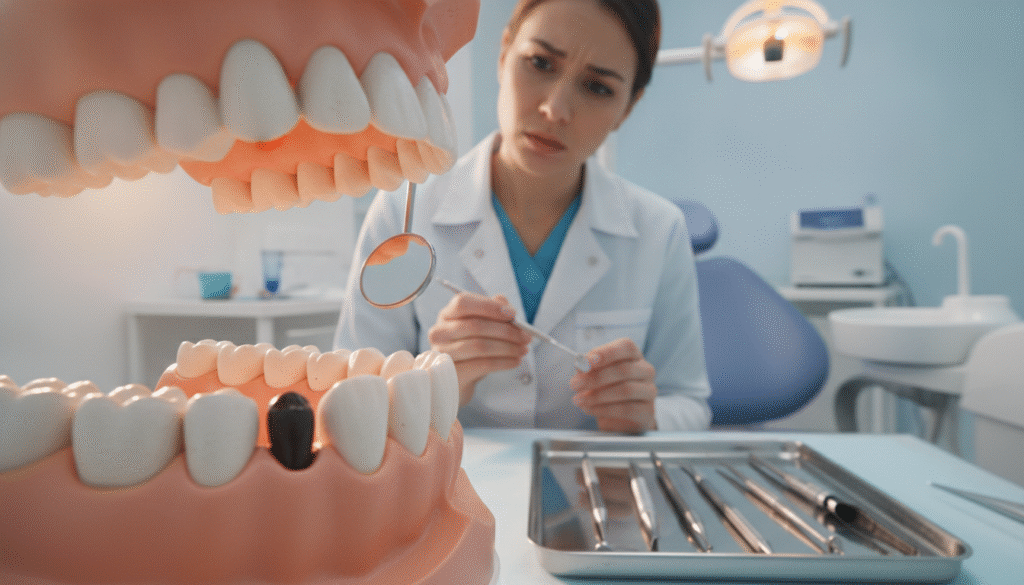 A close-up of a dental model showcasing a tooth gap on one side, prominently displayed in the foreground with realistic textures and details, emphasizing the gap between the teeth. In the middle, a dental professional, dressed in a white coat, examines the model using tools, conveying a sense of urgency and concern about potential tooth shift. The background features a softly lit dental clinic environment, equipped with dental tools and a bright, clean atmosphere, hinting at the importance of oral health. The lighting is warm and focused, highlighting the model while creating a stark contrast with the clinical background. The overall mood is informative and serious, aimed at educating viewers about the implications of leaving a tooth gap unaddressed. A close-up of a dental model showcasing a tooth gap on one side, prominently displayed in the foreground with realistic textures and details, emphasizing the gap between the teeth. In the middle, a dental professional, dressed in a white coat, examines the model using tools, conveying a sense of urgency and concern about potential tooth shift. The background features a softly lit dental clinic environment, equipped with dental tools and a bright, clean atmosphere, hinting at the importance of oral health. The lighting is warm and focused, highlighting the model while creating a stark contrast with the clinical background. The overall mood is informative and serious, aimed at educating viewers about the implications of leaving a tooth gap unaddressed.