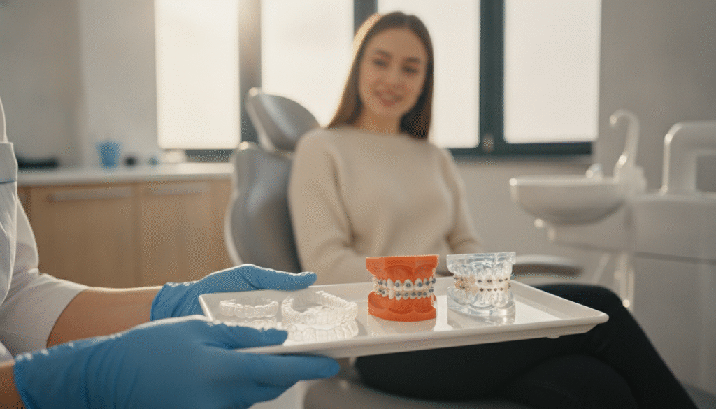 A close-up of a dental professional's hands demonstrating various teeth straightening options on a clean, white dental tray. In the foreground, showcase clear aligners, traditional metal braces, and ceramic braces, arranged neatly with soft shadows for depth. The middle ground features a patient sitting in a modern dental chair, dressed in professional casual attire, attentively observing the options. The background includes a softly blurred dental office interior, with soft overhead lighting that creates a calm and inviting atmosphere. The angle should be slightly above eye level, capturing the importance of the consultation. Aim for bright, warm tones to evoke trust and professionalism, ensuring the scene feels informative and approachable. A close-up of a dental professional's hands demonstrating various teeth straightening options on a clean, white dental tray. In the foreground, showcase clear aligners, traditional metal braces, and ceramic braces, arranged neatly with soft shadows for depth. The middle ground features a patient sitting in a modern dental chair, dressed in professional casual attire, attentively observing the options. The background includes a softly blurred dental office interior, with soft overhead lighting that creates a calm and inviting atmosphere. The angle should be slightly above eye level, capturing the importance of the consultation. Aim for bright, warm tones to evoke trust and professionalism, ensuring the scene feels informative and approachable.