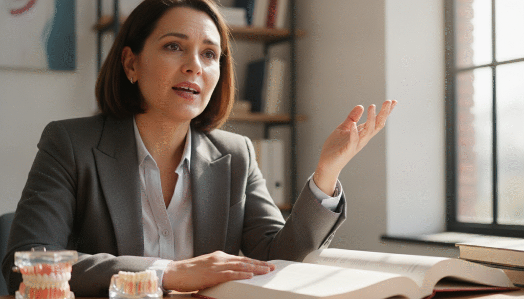 A close-up portrait of a person in professional business attire, sitting in a well-lit office setting, slightly angled towards the camera. The individual's expression is thoughtful as they articulate their thoughts, clearly highlighting their mouth and teeth. On the left side, the absence of a tooth creates subtle visual tension, illustrating its impact on speech. The person's hand gestures emphasize their explanation, surrounded by books and dental models on a desk in the background. Soft, natural lighting enhances the atmosphere, creating a warm and inviting feel. The background is slightly blurred, maintaining focus on the subject while still conveying a professional environment related to dental health. A close-up portrait of a person in professional business attire, sitting in a well-lit office setting, slightly angled towards the camera. The individual's expression is thoughtful as they articulate their thoughts, clearly highlighting their mouth and teeth. On the left side, the absence of a tooth creates subtle visual tension, illustrating its impact on speech. The person's hand gestures emphasize their explanation, surrounded by books and dental models on a desk in the background. Soft, natural lighting enhances the atmosphere, creating a warm and inviting feel. The background is slightly blurred, maintaining focus on the subject while still conveying a professional environment related to dental health.
