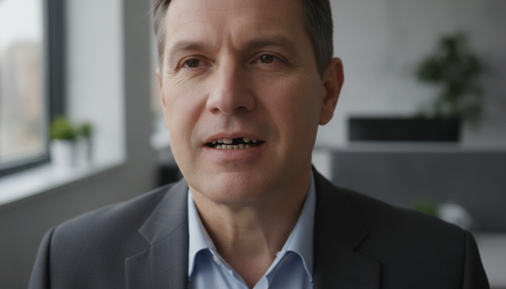 A close-up portrait of a person with noticeable missing teeth, emphasizing how it affects their facial structure and expression. The subject is depicted in a professional business attire, showcasing the impact on their smile and cheek contours, which appear slightly sunken. The background features a blurred office environment to suggest a realistic setting without distractions. Soft, natural lighting highlights the subject's face, adding depth and warmth while creating subtle shadows that accentuate the facial features. Capture the subject from a slightly elevated angle to enhance the view of their teeth and its influence on their overall appearance. The mood is contemplative, illustrating the importance of teeth in maintaining facial aesthetics and confidence. A close-up portrait of a person with noticeable missing teeth, emphasizing how it affects their facial structure and expression. The subject is depicted in a professional business attire, showcasing the impact on their smile and cheek contours, which appear slightly sunken. The background features a blurred office environment to suggest a realistic setting without distractions. Soft, natural lighting highlights the subject's face, adding depth and warmth while creating subtle shadows that accentuate the facial features. Capture the subject from a slightly elevated angle to enhance the view of their teeth and its influence on their overall appearance. The mood is contemplative, illustrating the importance of teeth in maintaining facial aesthetics and confidence.