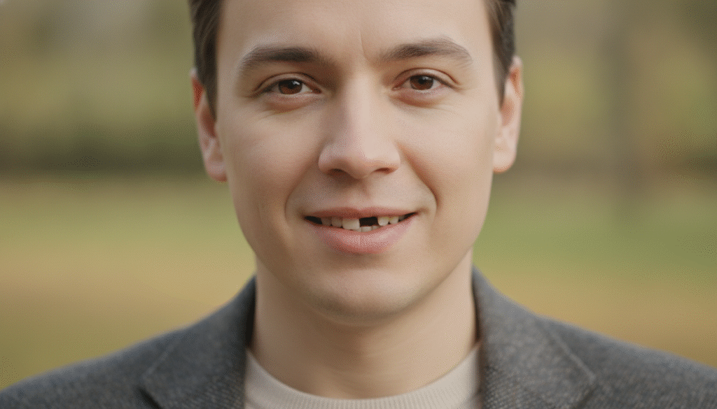 A close-up portrait of a person with striking facial symmetry, showcasing a thoughtful expression. The subject, dressed in smart casual attire, displays a charming smile that highlights a few missing teeth, creating a focus on the immediate effects of tooth loss on facial aesthetics. Soft, diffused lighting accentuates the contours of their face, casting gentle shadows that enhance the symmetrical features. The background is softly blurred, featuring muted colors to keep the attention on the subject, while a natural environment hints at an outdoor setting. The overall atmosphere is reflective and contemplative, inviting viewers to consider the impact of missing teeth on facial appearance. A close-up portrait of a person with striking facial symmetry, showcasing a thoughtful expression. The subject, dressed in smart casual attire, displays a charming smile that highlights a few missing teeth, creating a focus on the immediate effects of tooth loss on facial aesthetics. Soft, diffused lighting accentuates the contours of their face, casting gentle shadows that enhance the symmetrical features. The background is softly blurred, featuring muted colors to keep the attention on the subject, while a natural environment hints at an outdoor setting. The overall atmosphere is reflective and contemplative, inviting viewers to consider the impact of missing teeth on facial appearance.