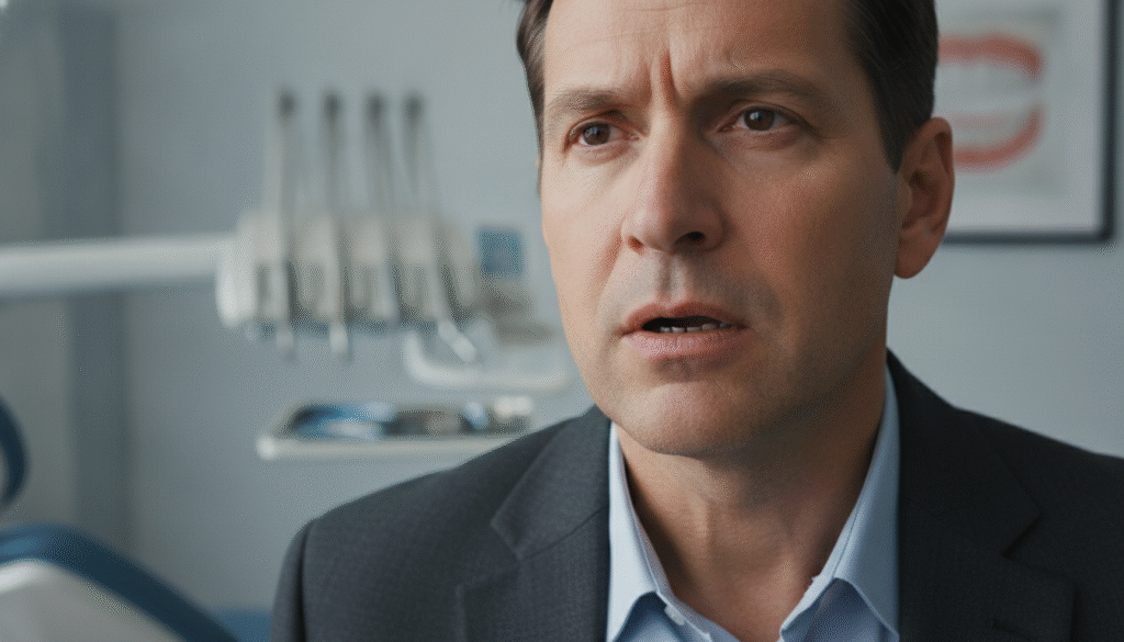 A close-up portrait of a professional adult male, in modest business attire, showing a subtle expression of concern about his missing teeth. The foreground focuses on his mouth with one or two missing teeth, emphasizing the gap. In the middle, his thoughtful eyes and furrowed brow highlight the emotional impact of tooth loss. The background softly blurs to reveal a dental office atmosphere, with dental tools and a chair visible, suggesting a clinical environment where dental health is a priority. Soft, natural lighting illuminates the scene, creating a somber yet educational mood. The angle is slightly upward, capturing the subject’s reflection while conveying a sense of introspection about the consequences of neglecting dental health. A close-up portrait of a professional adult male, in modest business attire, showing a subtle expression of concern about his missing teeth. The foreground focuses on his mouth with one or two missing teeth, emphasizing the gap. In the middle, his thoughtful eyes and furrowed brow highlight the emotional impact of tooth loss. The background softly blurs to reveal a dental office atmosphere, with dental tools and a chair visible, suggesting a clinical environment where dental health is a priority. Soft, natural lighting illuminates the scene, creating a somber yet educational mood. The angle is slightly upward, capturing the subject’s reflection while conveying a sense of introspection about the consequences of neglecting dental health.