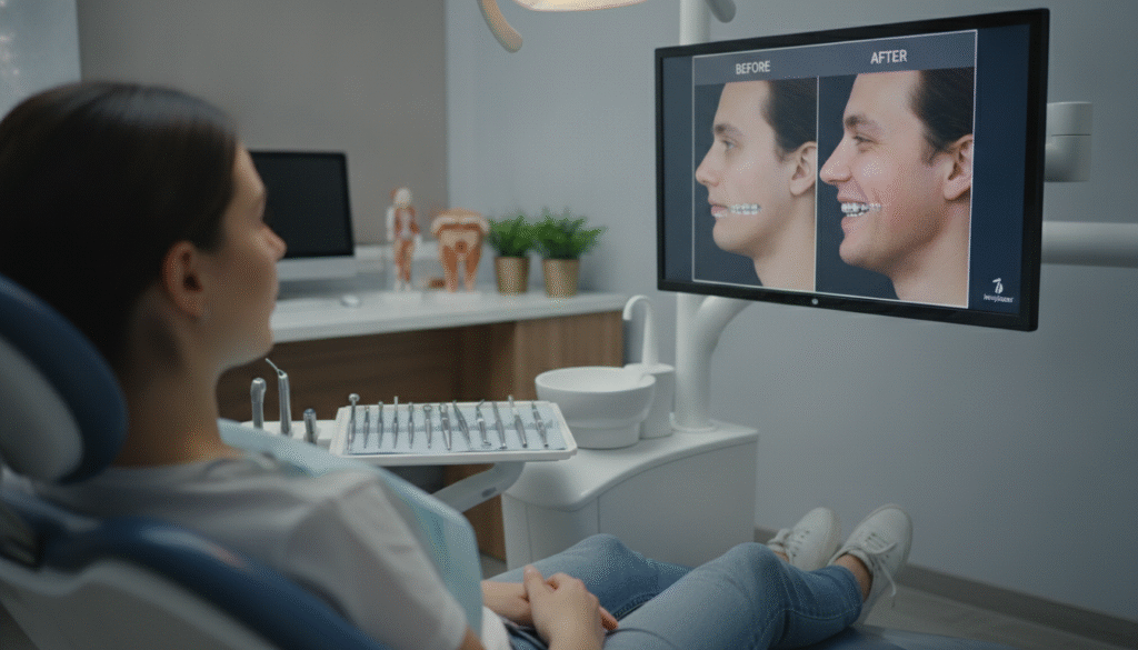 A close-up shot of a professional dental clinic setting, featuring a patient in modest casual attire sitting in a dental chair, looking at a digital display that shows before-and-after images of facial structure changes due to Invisalign treatment. The patient's face is illuminated with soft, even lighting that highlights the jawline and cheeks, creating a welcoming atmosphere. In the background, sleek dental equipment and a consultation area are visible, ensuring a clean, clinical environment. The angle captures the patient's expression of curiosity and hope, emphasizing the connection between orthodontics and facial structure enhancement. The image composition reflects a professional tone, designed to educate viewers about the potential changes brought by orthodontic aligners. A close-up shot of a professional dental clinic setting, featuring a patient in modest casual attire sitting in a dental chair, looking at a digital display that shows before-and-after images of facial structure changes due to Invisalign treatment. The patient's face is illuminated with soft, even lighting that highlights the jawline and cheeks, creating a welcoming atmosphere. In the background, sleek dental equipment and a consultation area are visible, ensuring a clean, clinical environment. The angle captures the patient's expression of curiosity and hope, emphasizing the connection between orthodontics and facial structure enhancement. The image composition reflects a professional tone, designed to educate viewers about the potential changes brought by orthodontic aligners.
