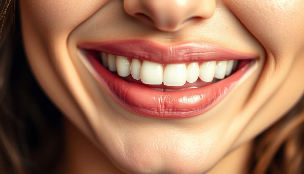A close-up shot of a visually appealing smile, showcasing the aesthetic improvements achieved through dental bone grafting procedures. The teeth are perfectly aligned, with a natural, healthy glow. The gums are pink and vibrant, seamlessly blending with the restored bone structure. Soft, directional lighting highlights the subtle contours and textures of the dental work, creating a sense of depth and dimension. The image is captured with a shallow depth of field, drawing the viewer's attention to the focal point of the smile. The overall mood is one of confidence, health, and a sense of renewed vitality.