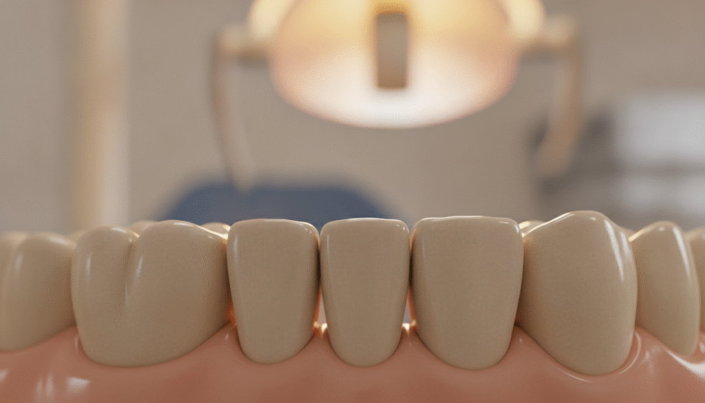 A close-up view of a dental bridge securely anchored to adjacent teeth, showcasing the meticulous details of dental work. In the foreground, highlight the bridge with its natural color and texture, emphasizing how it fits seamlessly over the prepared adjacent teeth. The middle ground features the neighboring teeth, slightly obscured by the bridge but still visible, demonstrating their natural shape and color. In the background, a gentle dental office setting adds a calm atmosphere, softly lit with warm illumination to suggest professionalism and care. Capture this scene from a slightly angled perspective, utilizing a macro lens to bring out fine details, including minimal reflections on the dental surfaces, creating an inviting and educational mood about dental restoration techniques. A close-up view of a dental bridge securely anchored to adjacent teeth, showcasing the meticulous details of dental work. In the foreground, highlight the bridge with its natural color and texture, emphasizing how it fits seamlessly over the prepared adjacent teeth. The middle ground features the neighboring teeth, slightly obscured by the bridge but still visible, demonstrating their natural shape and color. In the background, a gentle dental office setting adds a calm atmosphere, softly lit with warm illumination to suggest professionalism and care. Capture this scene from a slightly angled perspective, utilizing a macro lens to bring out fine details, including minimal reflections on the dental surfaces, creating an inviting and educational mood about dental restoration techniques.
