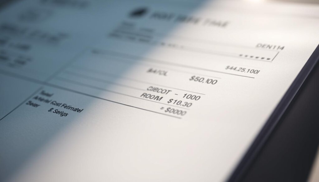 A close-up view of a dental cost estimate document, illuminated by soft, diffused lighting from the side. The document's surface is smooth and reflective, creating a sense of depth and clarity. The numbers and text are legible, conveying the precise cost breakdown for a root canal procedure. The background is subtly blurred, keeping the focus on the cost details. The overall composition evokes a sense of professionalism and attention to financial information, relevant to the "Aftercare Following a Root Canal" section of the article.