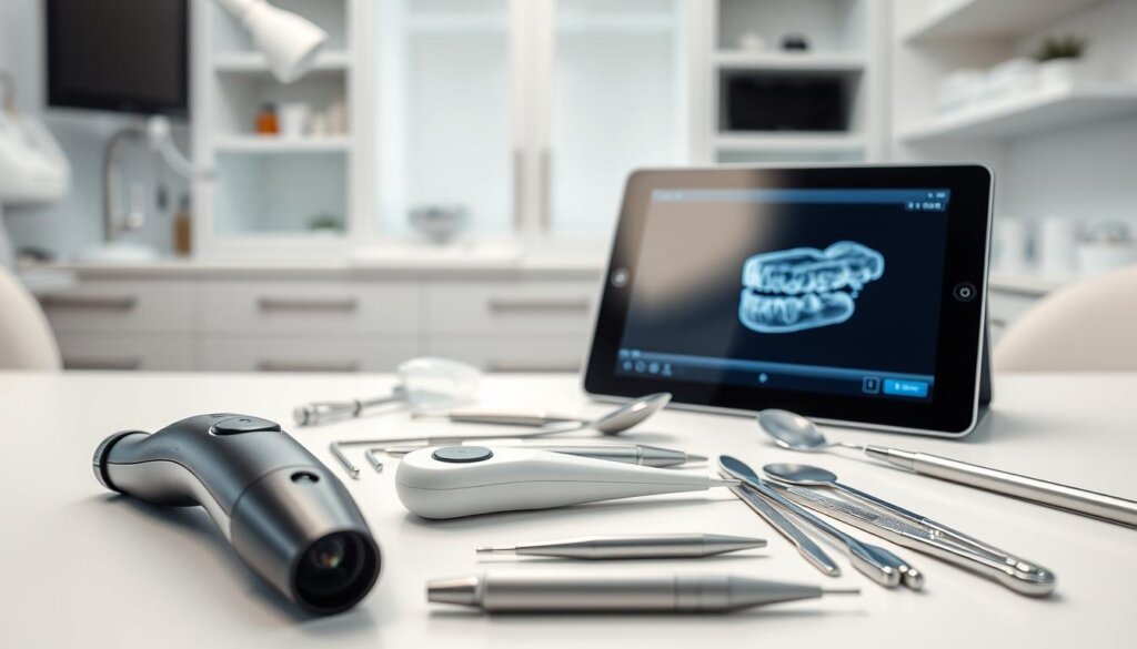A close-up view of a dental hygiene toolkit arranged on a clean, white surface. In the foreground, a handheld dental camera and a small intraoral scanner sit alongside dental tools like probes, mirrors, and scalers. The middle ground showcases a digital tablet displaying a 3D dental model, highlighting the latest advancements in non-radiographic dental imaging. In the background, a soft-lit medical cabinet and shelves suggest a modern, well-equipped dental office, creating an atmosphere of professional, cutting-edge dental care without the need for traditional X-rays.