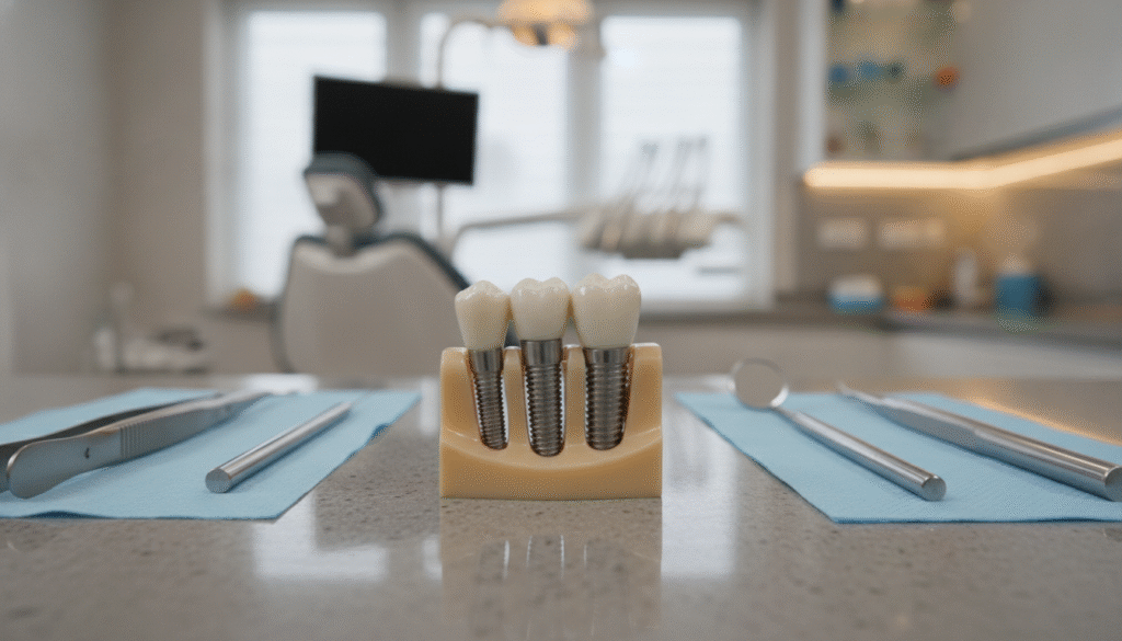 A close-up view of a dental implant model displayed on a sleek, modern dental countertop. In the foreground, focus on a highly detailed, lifelike dental implant with titanium post and porcelain crown, showcasing its intricate details and textures. In the middle ground, include dental tools like forceps and mirrors neatly arranged, emphasizing a professional dental environment. The background features a softly blurred dental clinic setting with warm lighting and a clean, sterile ambiance. Use a shallow depth of field to draw attention to the dental implant while creating a serene, clinical atmosphere. The overall mood should convey trust and professionalism, ideal for understanding the durability and function of dental implants. A close-up view of a dental implant model displayed on a sleek, modern dental countertop. In the foreground, focus on a highly detailed, lifelike dental implant with titanium post and porcelain crown, showcasing its intricate details and textures. In the middle ground, include dental tools like forceps and mirrors neatly arranged, emphasizing a professional dental environment. The background features a softly blurred dental clinic setting with warm lighting and a clean, sterile ambiance. Use a shallow depth of field to draw attention to the dental implant while creating a serene, clinical atmosphere. The overall mood should convey trust and professionalism, ideal for understanding the durability and function of dental implants.