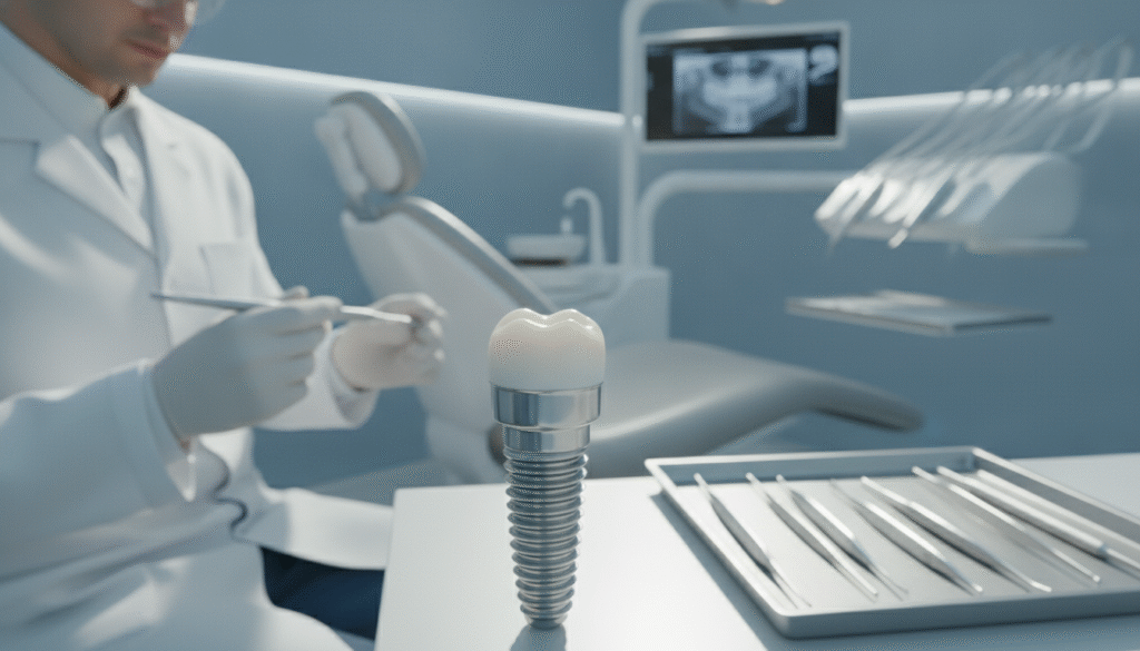 A close-up view of a dental implant showcasing its durability and design, set against a clean, modern dental clinic background. In the foreground, a highly detailed dental implant - metallic and ceramic materials gleaming under bright, natural lighting. Soft reflections emphasize its robust structure. The middle ground features a dental professional in a white lab coat, wearing safety glasses and examining the implant with a dental tool. The background displays a well-organized dental chair and tools, hinting at advanced technology in dentistry. The overall mood is clinical yet reassuring, highlighting innovation and trust in dental health. The image is shot from a slightly elevated angle to capture depth and detail, focusing on the implant and the expert’s examination. A close-up view of a dental implant showcasing its durability and design, set against a clean, modern dental clinic background. In the foreground, a highly detailed dental implant - metallic and ceramic materials gleaming under bright, natural lighting. Soft reflections emphasize its robust structure. The middle ground features a dental professional in a white lab coat, wearing safety glasses and examining the implant with a dental tool. The background displays a well-organized dental chair and tools, hinting at advanced technology in dentistry. The overall mood is clinical yet reassuring, highlighting innovation and trust in dental health. The image is shot from a slightly elevated angle to capture depth and detail, focusing on the implant and the expert’s examination.