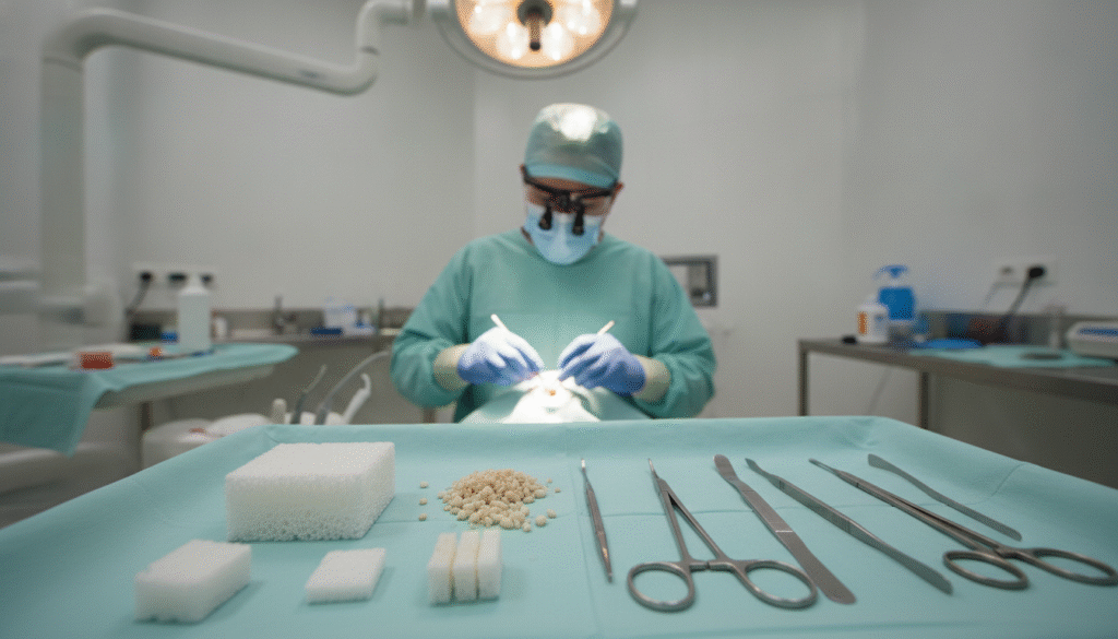 A close-up view of a dental surgical procedure focused on bone augmentation for dental implants. In the foreground, show a clear, detailed arrangement of bone graft material, such as a biomaterial scaffold or autogenous bone, precisely placed alongside surgical instruments like forceps and a scalpel. The middle ground features a dental professional in a surgical mask and scrubs, demonstrating skill and focus as they work. The background is a sterile operating room with soft, diffused lighting, enhancing the clinical atmosphere. The camera angle is slightly tilted downwards, emphasizing the precision and care involved in the procedure, while a calm, focused mood permeates the scene, highlighting the importance of understanding bone grafts in dental implant surgery. A close-up view of a dental surgical procedure focused on bone augmentation for dental implants. In the foreground, show a clear, detailed arrangement of bone graft material, such as a biomaterial scaffold or autogenous bone, precisely placed alongside surgical instruments like forceps and a scalpel. The middle ground features a dental professional in a surgical mask and scrubs, demonstrating skill and focus as they work. The background is a sterile operating room with soft, diffused lighting, enhancing the clinical atmosphere. The camera angle is slightly tilted downwards, emphasizing the precision and care involved in the procedure, while a calm, focused mood permeates the scene, highlighting the importance of understanding bone grafts in dental implant surgery.