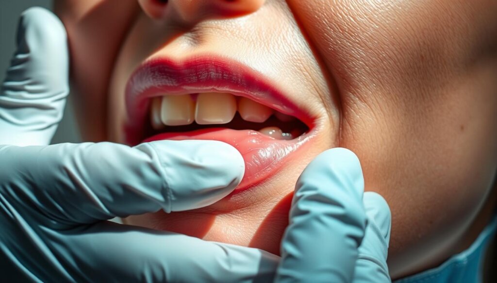 A close-up view of a dentist's gloved hand gently examining a patient's gums, revealing healthy pink tissue and subtle texture. The examination is conducted under bright, focused lighting that casts subtle shadows, capturing the intricate details of the gum structure. The background is slightly blurred, keeping the attention on the essential aspects of the gum health assessment process. The overall mood is one of professional care and attention to detail, showcasing the expertise and diligence required for a thorough dental examination.