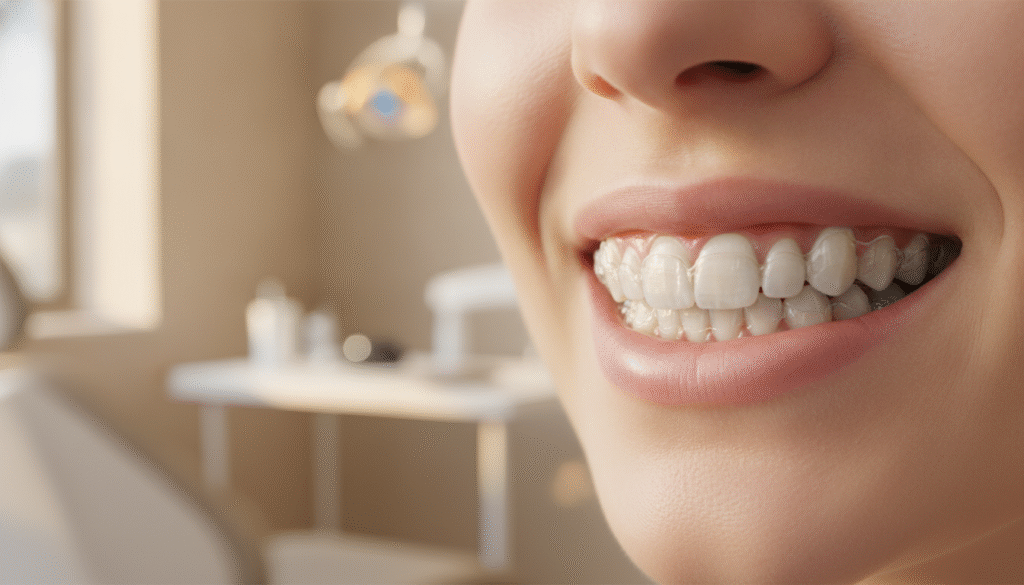 A close-up view of a human mouth showcasing the effects of Invisalign aligners. The foreground features a pair of clear, custom-fit Invisalign trays on the teeth, highlighting their transparency and subtlety. In the middle, a gentle smile reveals slightly straightening teeth, elegantly conveying the orthodontic treatment process. The background consists of a soft-focus dental office environment with neutral tones, emphasizing cleanliness and professionalism. Soft, natural lighting illuminates the scene, creating a warm and inviting atmosphere. The camera angle is slightly tilted from above, capturing the dental alignment journey without any distractions or clutter. The overall mood is optimistic and informative, reflecting a sense of confidence in the use of Invisalign. A close-up view of a human mouth showcasing the effects of Invisalign aligners. The foreground features a pair of clear, custom-fit Invisalign trays on the teeth, highlighting their transparency and subtlety. In the middle, a gentle smile reveals slightly straightening teeth, elegantly conveying the orthodontic treatment process. The background consists of a soft-focus dental office environment with neutral tones, emphasizing cleanliness and professionalism. Soft, natural lighting illuminates the scene, creating a warm and inviting atmosphere. The camera angle is slightly tilted from above, capturing the dental alignment journey without any distractions or clutter. The overall mood is optimistic and informative, reflecting a sense of confidence in the use of Invisalign.