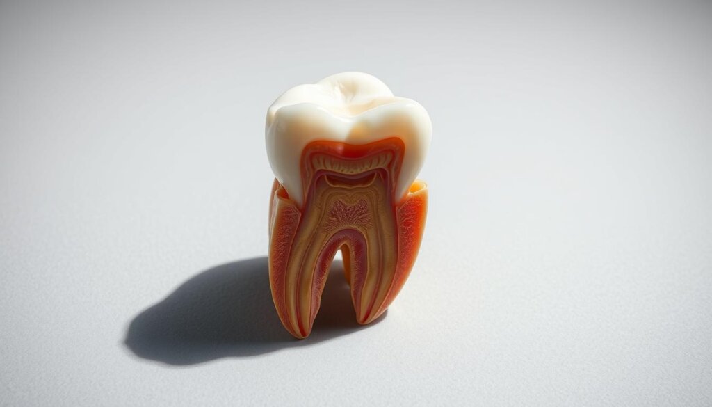 A close-up view of a human tooth, showcasing its intricate root structure. The tooth is partially dissected, revealing the internal anatomy in vivid detail. The image is captured under bright, directional lighting, casting sharp shadows that accentuate the textures and contours of the root canals. The background is a clean, neutral gray, allowing the tooth to be the sole focus of the viewer's attention. The overall mood is one of scientific curiosity and educational insight, inviting the viewer to explore the complexities of dental anatomy.